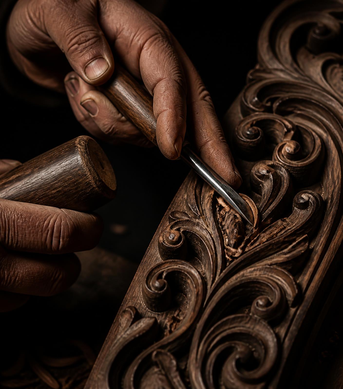 Master woodcarver hand-carving an ornate walnut scroll pattern